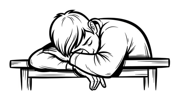 Young Person Sleeping On A Wooden Desk With Head Down.