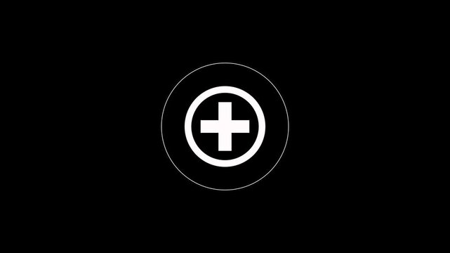 Plus sign icon inside a circular frame loop animation on black background. Medical cross icon. White circular button with plus sign icon animation representing healthcare protection with alpha channel