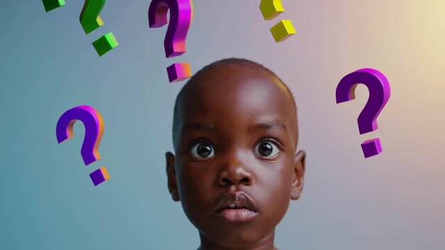 Colorful question marks floating around thoughtful young child's head, representing mental exploration, curiosity, and introspective learning journey of childhood knowledge acquisition