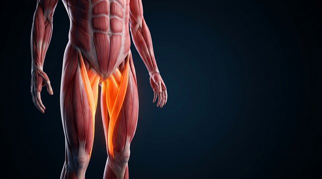3D anatomical rendering of the human muscular system with the adductors highlighted in orange, illustrating muscle structure, for human muscular system education.