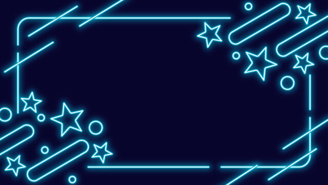 星ネオンのメンフィス風フレーム背景 水色 横長 16:9
