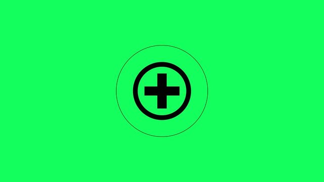 Plus sign icon inside a circular frame loop animation on green background. Medical cross icon. Black circular button with plus sign icon animation representing healthcare protection with alpha channel