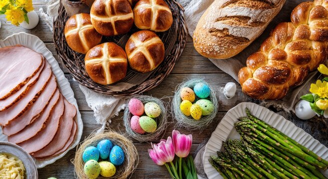 Festive Easter feast with bread, ham, eggs, and asparagus