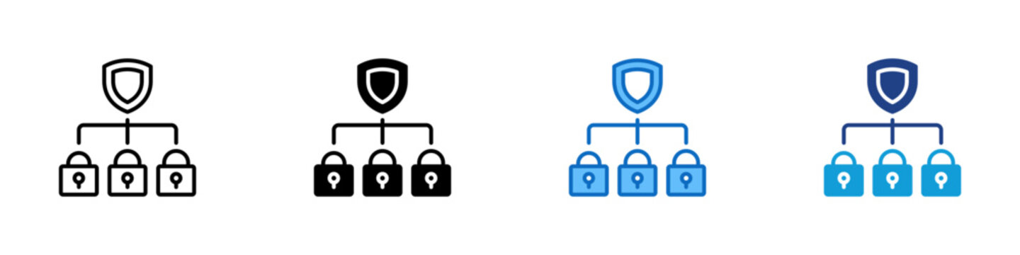 Zero Trust Multiple Style Icon Design Vector - Shield above isolated locks representing zero trust security, access verification, and identity based protection