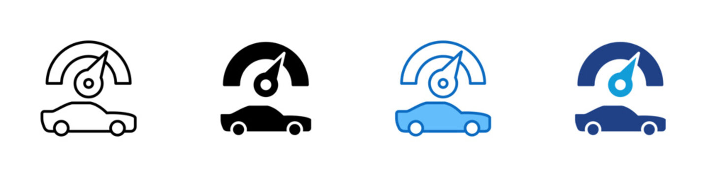 Vehicle Performance Multiple Style Icon Design Vector - Car with speed gauge representing vehicle performance, automotive diagnostics, and driving efficiency