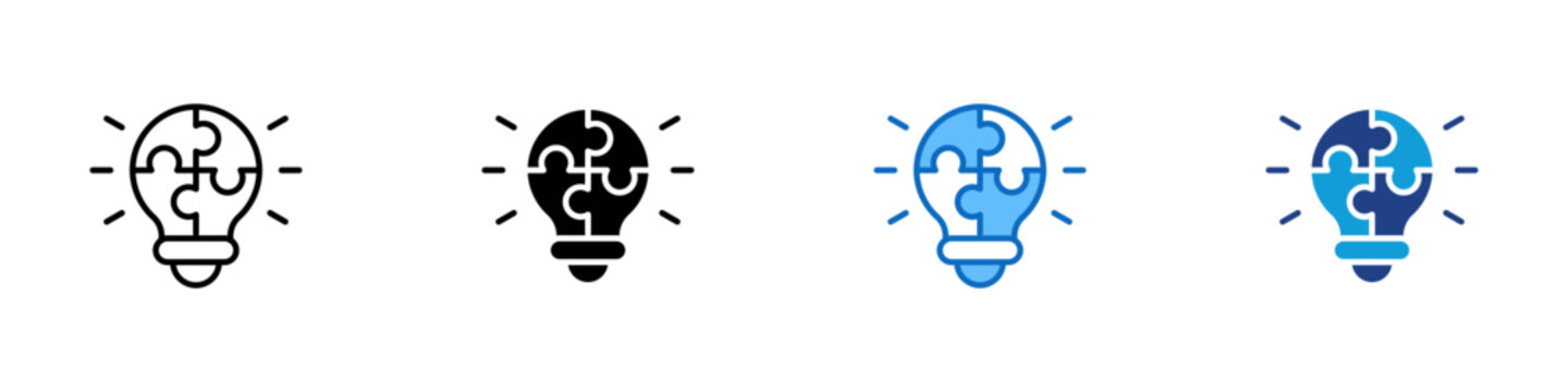 Innovative Solution Multiple Style Icon Design Vector - Light bulb with puzzle pieces representing creative problem solving, innovation strategy, and solution development