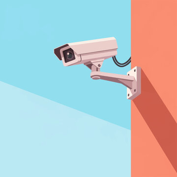 Modern security camera surveillance system mounted on an orange wall exterior with a clear blue sky background, clean vector flat design illustration for monitoring and safety.
