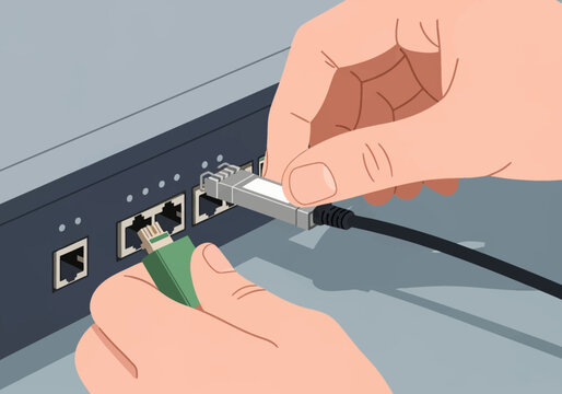 Close-up illustration of hands inserting an SFP transceiver module and a green Ethernet cable connector into the ports of a network switch in a data center environment.