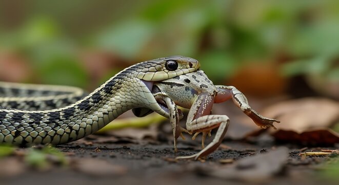Striped Snake Eating Frog on Damp Forest Floor
