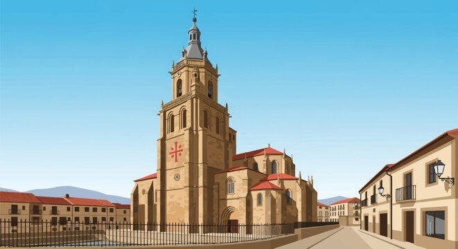 Vector illustration of a historic stone church tower featuring a red Templar cross on its facade, located in a traditional European village square with red-roofed buildings.