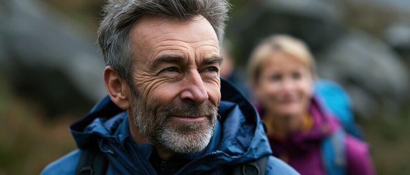 A mature man with a thoughtful expression hiking in a scenic outdoor setting, embodying adventure, determination, and the spirit of exploration in a tranquil natural environment.
