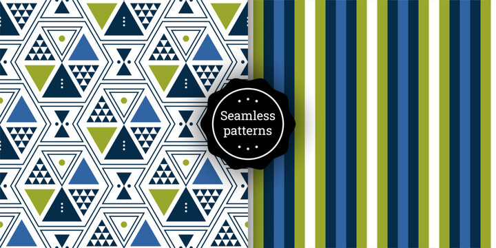 Set of vector seamless patterns with geometric triangles and stripes in a blue-green palette. Modern abstract ornaments for textiles, packaging, wallpaper, backgrounds, and decor.