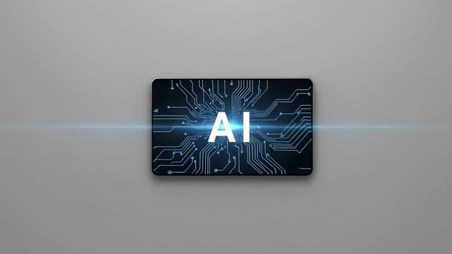 Advanced artificial intelligence chip glowing with blue circuit patterns, representing technological innovation and digital processing capabilities against minimalist white background