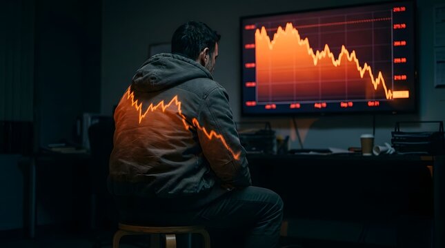 Trader Sitting Alone Dark Room Watching Stock Market Crash Red Chart Screen Loss Financial Crisis Stress Investment Decline Trading Night
