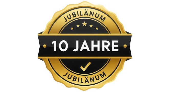 Golden ten years anniversary badge or seal label isolated on transparent background