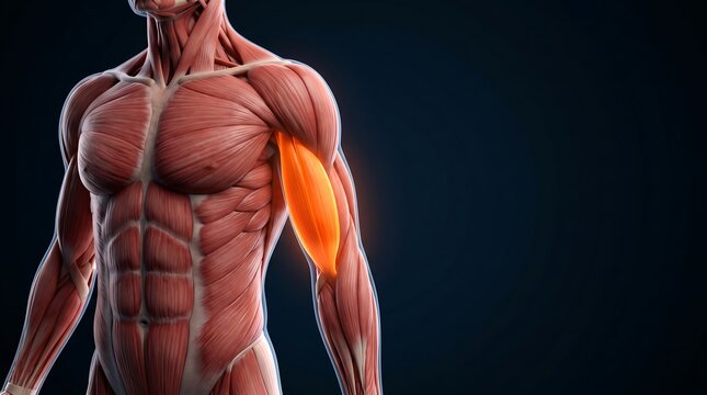3D rendering of the human muscular system, focusing on the biceps muscle in the arm with an orange highlight, illustrating anatomy and strength, for human muscular system education.