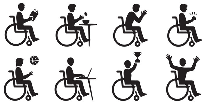 Set of handicapped people icons including reading dining praying clapping and sports activity.