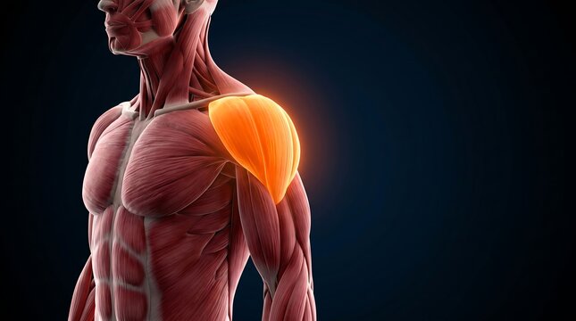 3D rendering of human anatomy showing the deltoid muscle highlighted in the shoulder area, for human muscular system education.