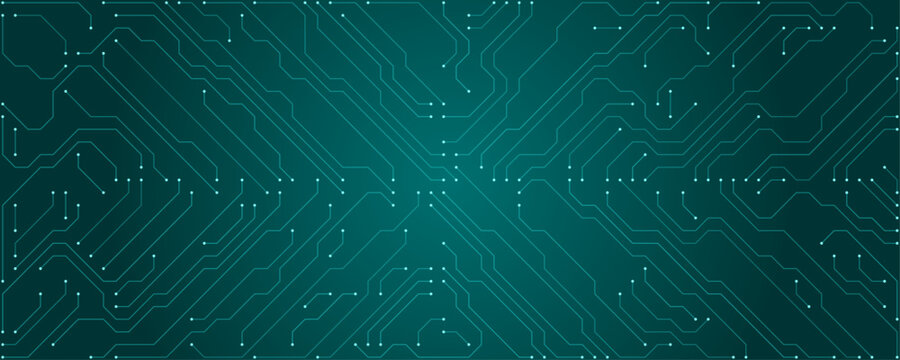 Teal circuit board pattern with white dots and lines on dark teal background technology electronic