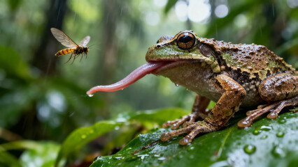 Obraz premium Macro portrait of a green frog catching a flying insect with its long tongue in the rain