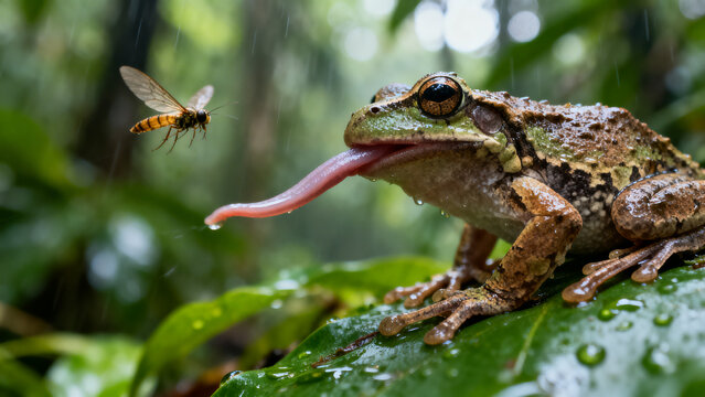 Macro portrait of a green frog catching a flying insect with its long tongue in the rain