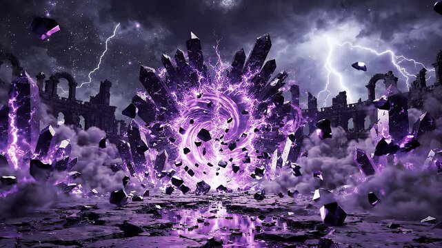 Dark Cosmic Gateway with Purple Energy Rift and Floating Crystal Fragments &ndash; Epic Fantasy Portal 4K
