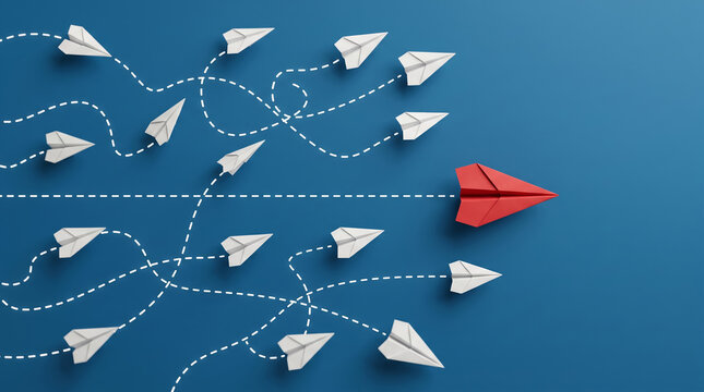 Red paper plane flying straight path while white ones swirl chaotically, clarity and efficiency concept