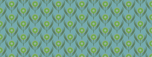 Obraz premium Elegant seamless floral pattern featuring repeating green stylized flowers with elongated leaves arranged in a symmetrical geometric layout. Ideal for wallpaper, textile pri