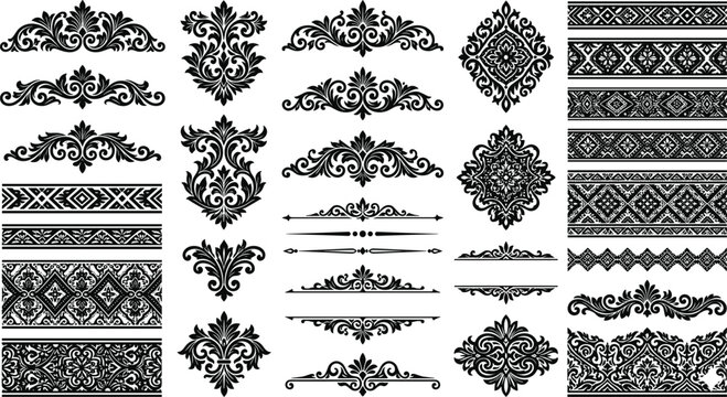 Comprehensive mega pack of black damask vector elements featuring vintage headers frames borders and ornamental geometric vignettes on white background