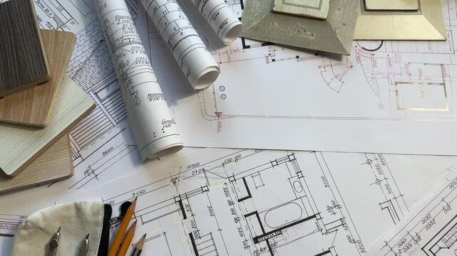 Architect workspace with blueprints, rolled plans and clipboard, construction drawings, project planning, engineering documentation and architecture office