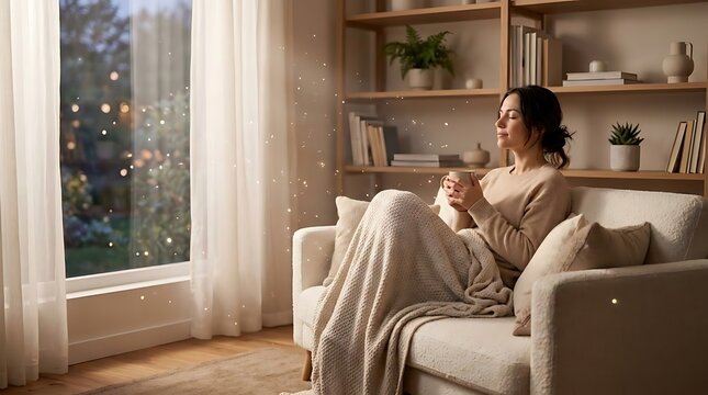 Young woman relaxing on a cozy sofa holding a warm drink with soft evening light and festive bokeh