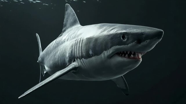 Great white shark swimming underwater in deep dark ocean water motion animation clip showing predator marine life animal behavior