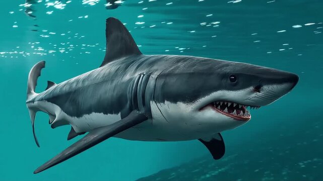 Great white shark swimming through deep blue ocean water in this high quality cinematic motion video clip for broadcast production