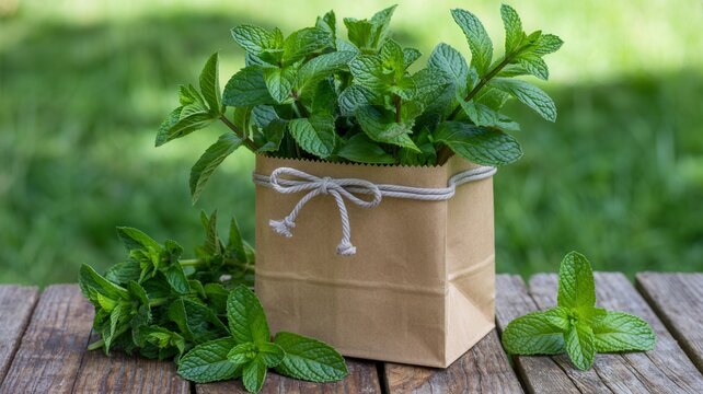 Fresh mint leaves in a brown paper bag tied with a string on a rustic wooden table against a blurred green background