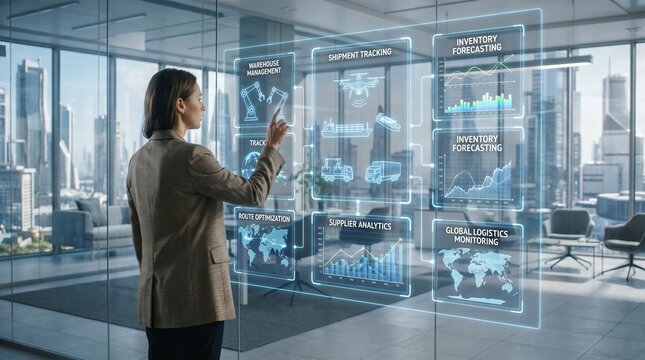 Logistics manager using AI supply chain dashboard for shipment tracking and inventory planning