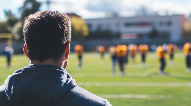 A young Caucasian man with short brown hair watches a football practice on a sunny day. Players in yellow jerseys are visible in the background.