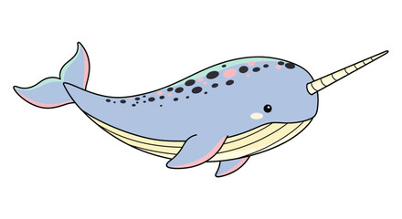 Cute Cartoon Narwhal with Tusk, Kawaii Style, Arctic Ocean Animal © sakhira
