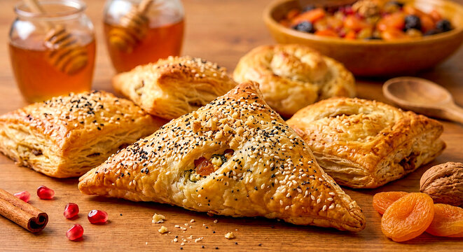 Traditional Jewish puff pastry burekas filled with spinach and cheese on a festive table, generative ai