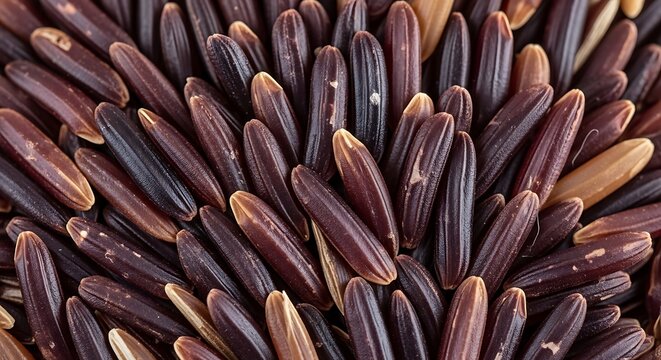 Close Up Dark Brown Rice Grains Arranged in Dense Natural Food Texture