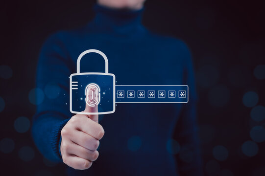 Biometric password security and fingerprint login concept. Padlock with hidden password field. user authentication, identity verification, access control, privacy protection, secure account login, MFA