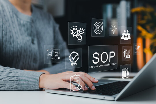 SOP standard operating procedure workflow and quality control concept. checklist, approval badge, gears, target, training guide, team, and document icons. step-by-step process management, operational,