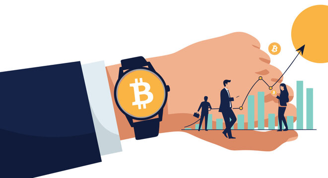 Financial concept showing a hand wearing a bitcoin watch next to people analyzing rising stock market charts and a bright sun.