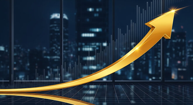 Golden arrow pointing upward over stock market graph background with business investment financial analysis corporate positive strategy performance