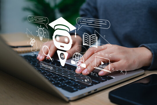 AI education chatbot and online learning assistant concept. student using laptop with tutor bot, graduation cap, message box, book, video lesson, search, and knowledge icons for smart digital learning