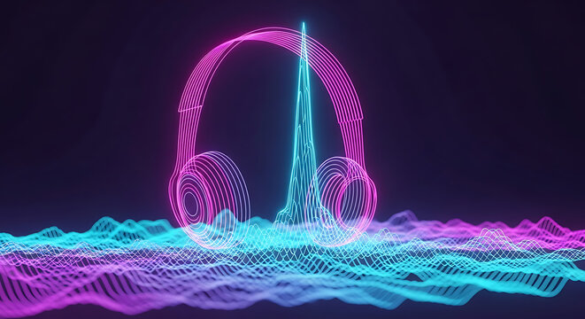 Neon digital headphones with abstract sound wave visualization headphones technology waveform frequency listening entertainment electronics soundtrack