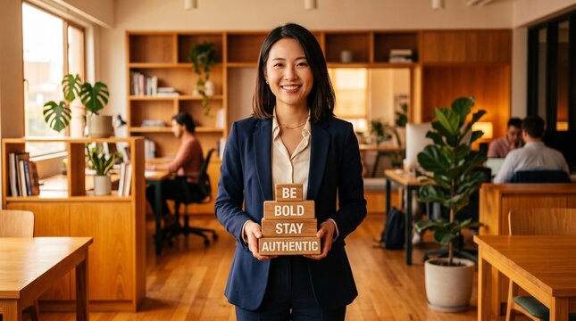 Woman in a warm contemporary office holds a card stating be bold enough to start as colleagues work behind her among plants, shelves, desks, and natural light from large windows.