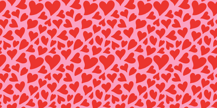 Red hearts seamless pattern on pink background repeating romantic design