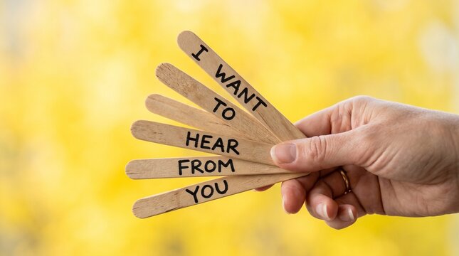 Hand displays wooden sticks spelling Want To Hear From You against a bright yellow background with soft bokeh, creating a clear recruitment or feedback message with generous copy space.