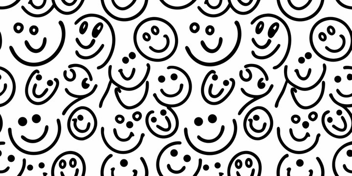 Seamless pattern of simple black line art smiley faces on white background
