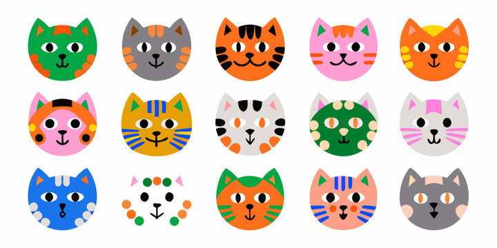 Colorful Cat Face Vector Illustration Set With Varied Patterns